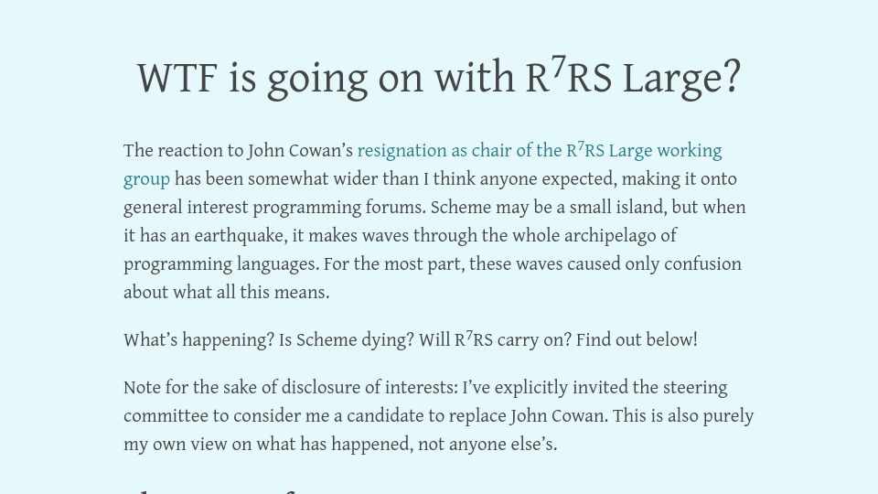 Screenshot of dpk.io: WTF is going on with R7RS Large?
