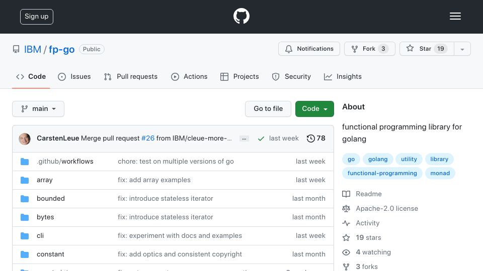 Screenshot of github.com: FP-Go: Functional programming library for Golang