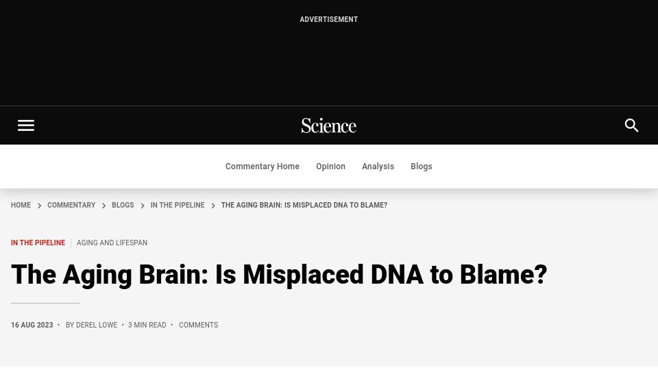 Screenshot of science.org: The aging brain: is misplaced DNA to blame?