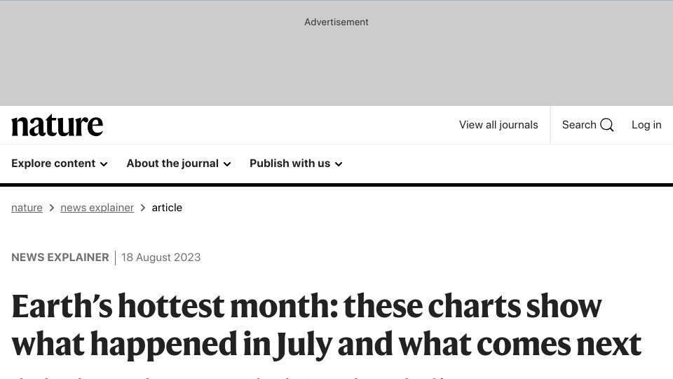 Screenshot of nature.com: Earth’s hottest month: these charts show what happened in July; what comes next