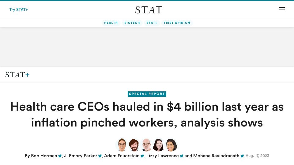 Screenshot of statnews.com: Analysis: Health care CEOs hauled in $4B last year as inflation pinched workers