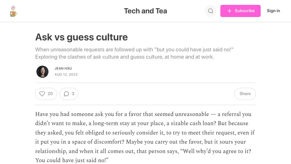 Screenshot of jeanhsu.substack.com: Ask vs. Guess Culture