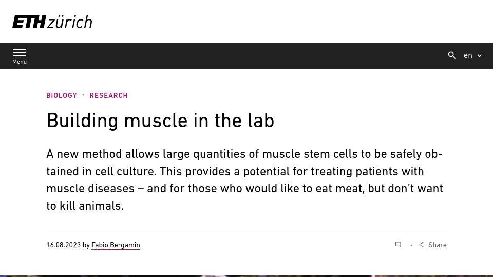 Screenshot of ethz.ch: Building Muscle in the Lab