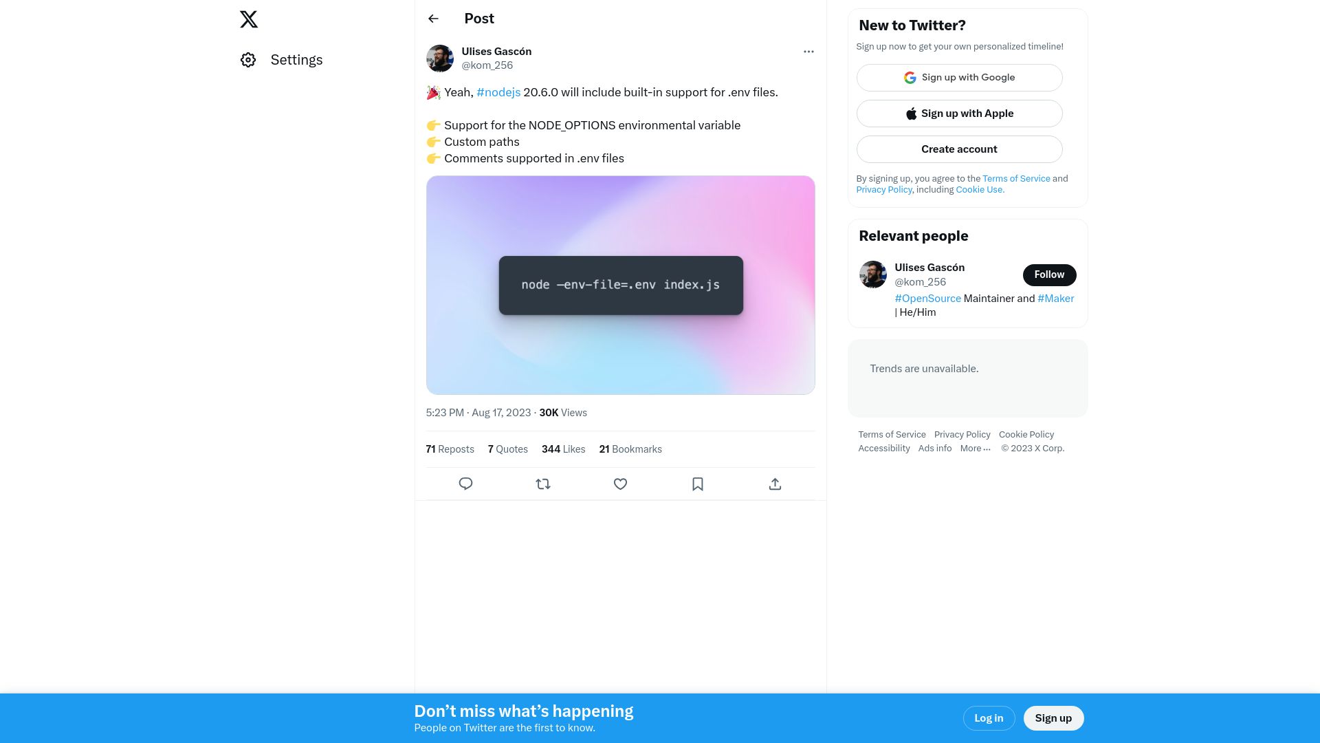 Screenshot of twitter.com: Node.js 20.6.0 will include built-in support for .env files