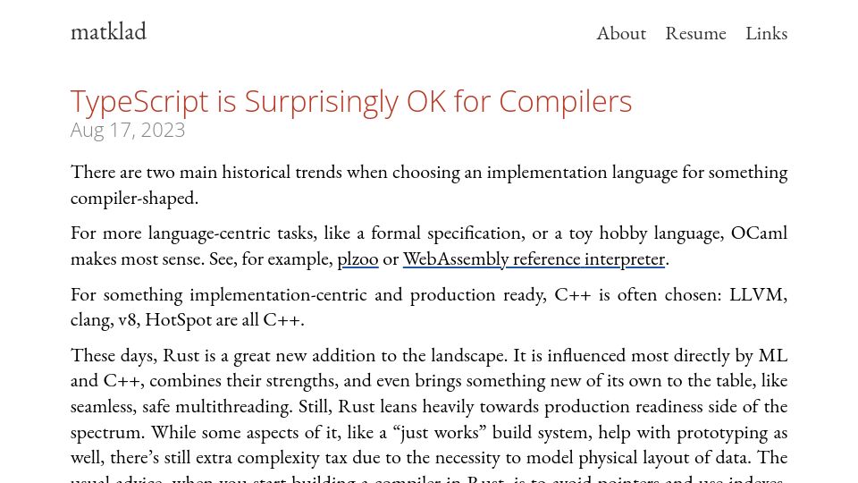 Screenshot of matklad.github.io: TypeScript Is Surprisingly OK for Compilers