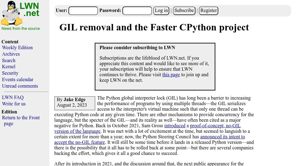 Screenshot of lwn.net: GIL removal and the Faster CPython project