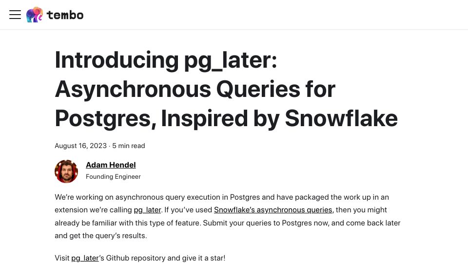 Screenshot of tembo.io: Pg_later: Asynchronous Queries for Postgres
