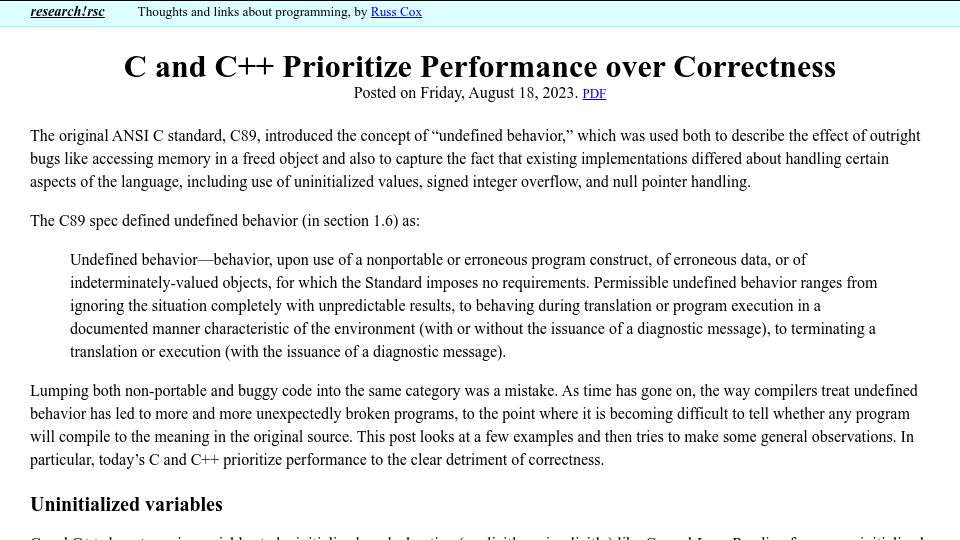 Screenshot of research.swtch.com: C and C++ prioritize performance over correctness