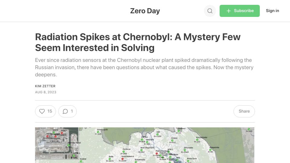 Screenshot of zetter.substack.com: Radiation Spikes at Chernobyl