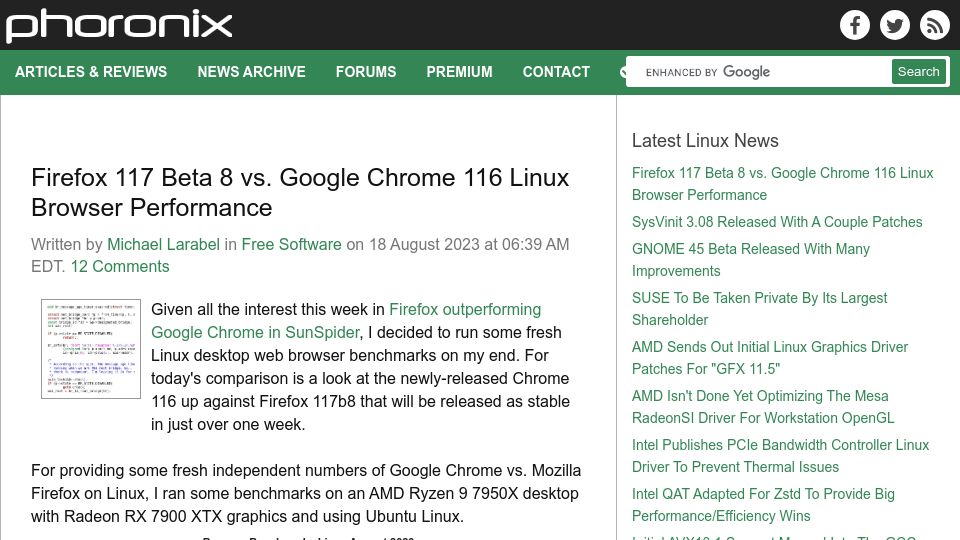 Screenshot of phoronix.com: Firefox 117 Beta 8 vs. Google Chrome 116 Linux Browser Performance