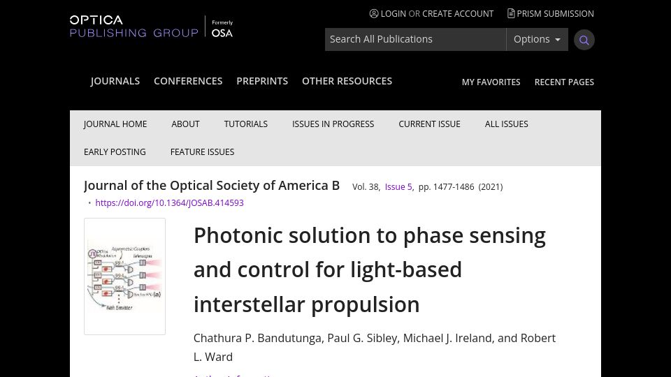 Screenshot of opg.optica.org: A 100GW phased laser array for interstellar lightsail propulsion (2021)