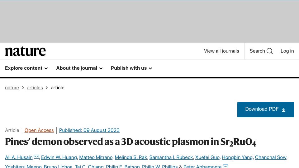 Screenshot of nature.com: Pines’ demon observed as a 3D acoustic plasmon in Sr2RuO4