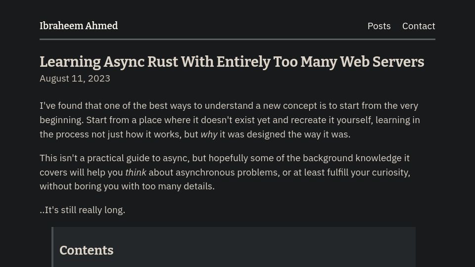 Screenshot of ibraheem.ca: Learning async Rust with entirely too many web servers