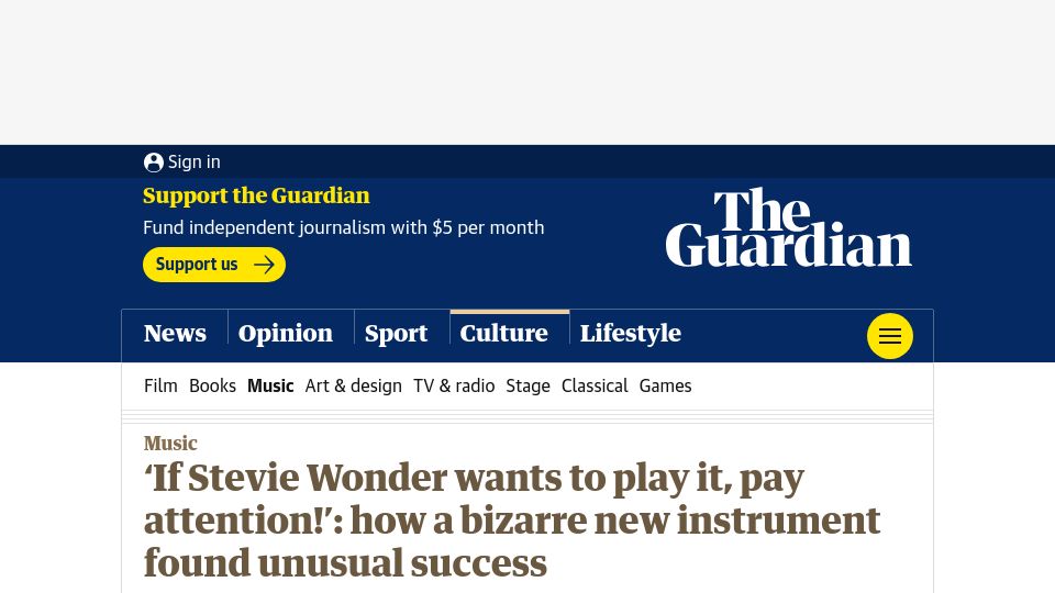 Screenshot of theguardian.com: A new instrument found unusual success