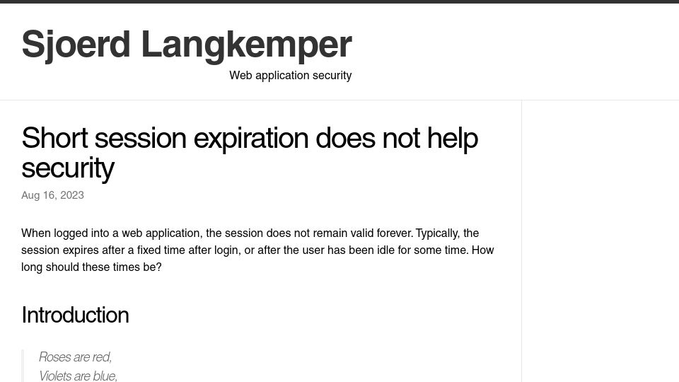 Screenshot of sjoerdlangkemper.nl: Short session expiration does not help security