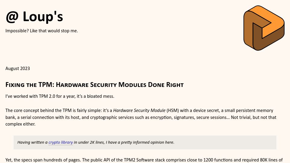 Screenshot of loup-vaillant.fr: Fixing the TPM: Hardware Security Modules Done Right