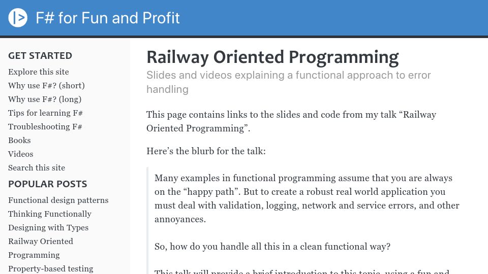 Screenshot of fsharpforfunandprofit.com: Railway Oriented Programming