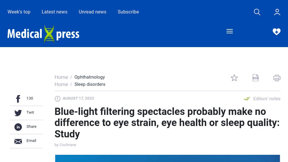 Screenshot of medicalxpress.com: Blue-light filtering spectacles probably make no difference to sleep quality