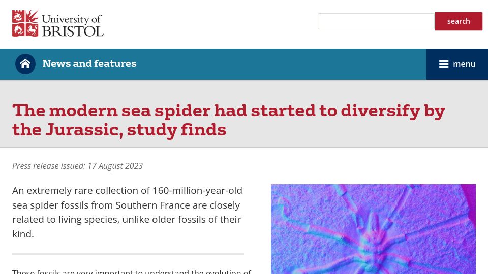 Screenshot of bristol.ac.uk: The modern sea spider had started to diversify by the Jurassic, study finds