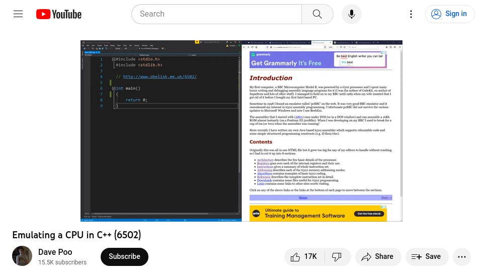 Screenshot of youtube.com: Emulating the 6502 CPU in C++ (2021) [video]