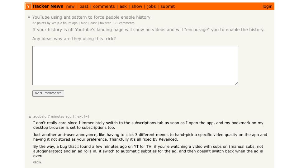 Screenshot of Hacker News post: YouTube using antipattern to force people enable history