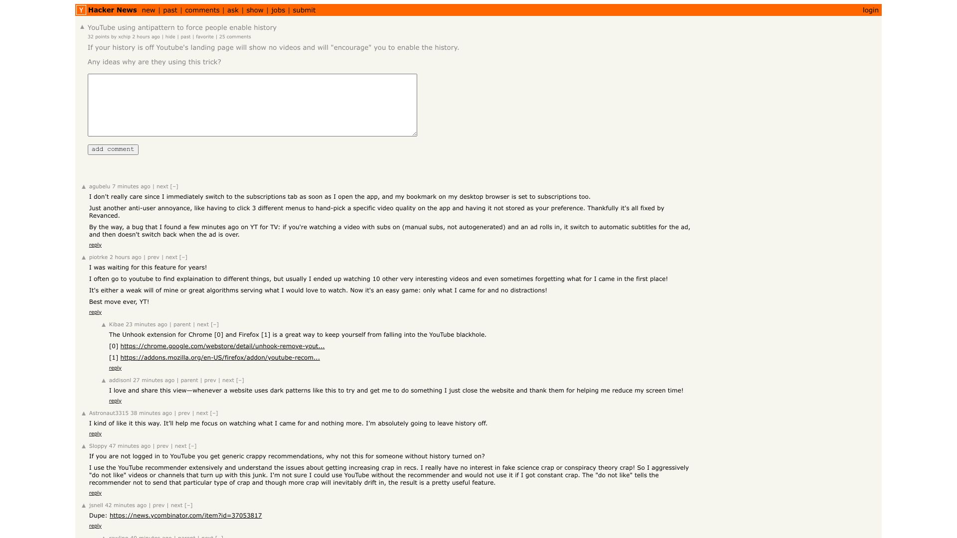 Screenshot of this Hacker News post: YouTube using antipattern to force people enable history