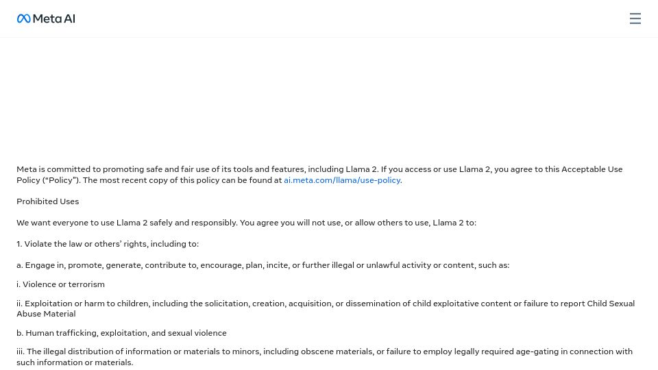 Screenshot of ai.meta.com: Meta prohibits Department of Defense to use Llama2