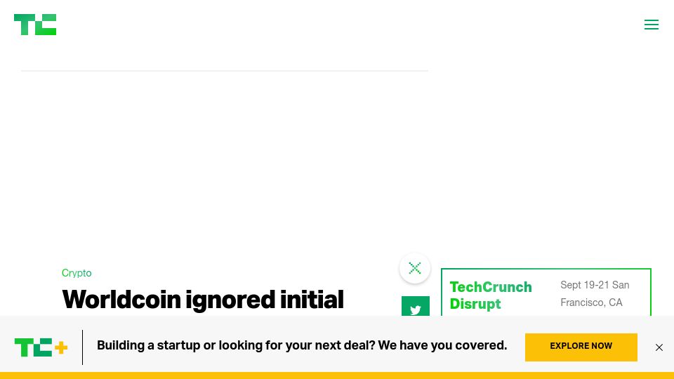 Screenshot of techcrunch.com: Worldcoin ignored initial order to stop iris scans in Kenya, records show