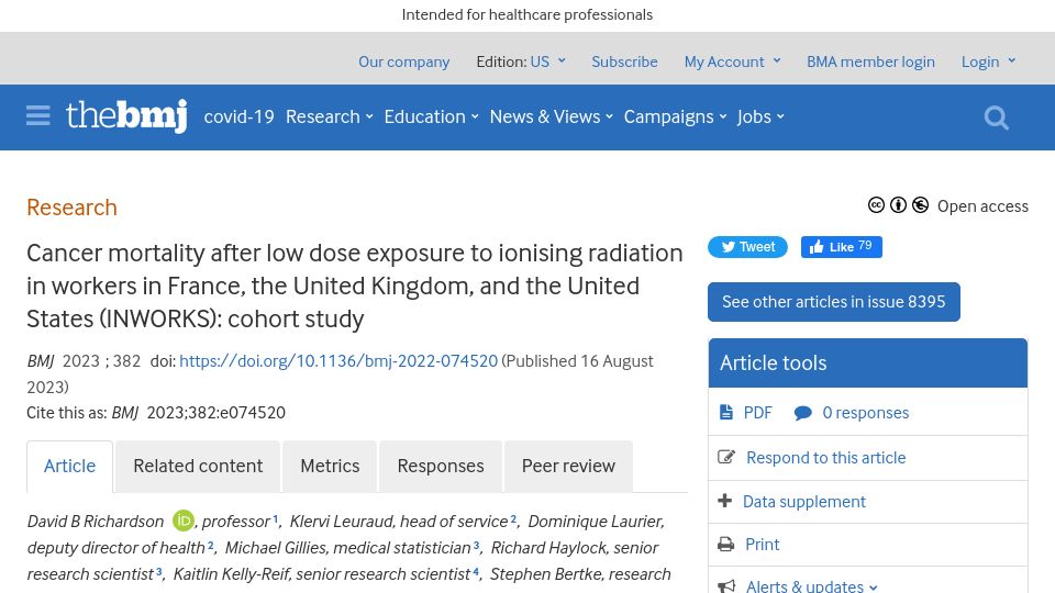 Screenshot of bmj.com: Low dose radiation cancer 2x worse than predicted by LNT model