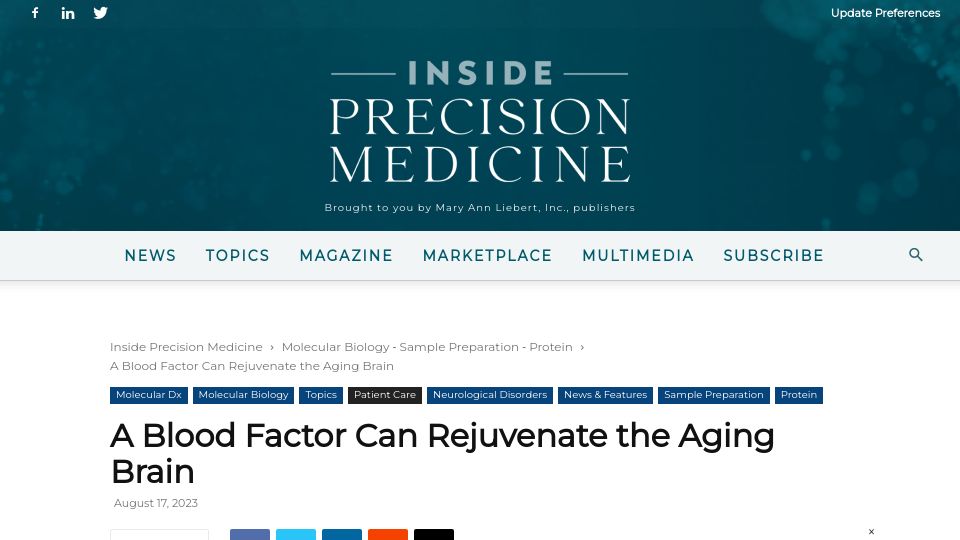 Screenshot of insideprecisionmedicine.com: A Blood Factor Can Rejuvenate the Aging Brain