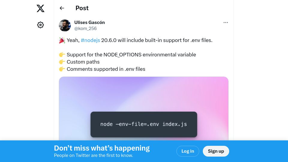 Screenshot of twitter.com: Node.js 20.6.0 will include built-in support for .env files