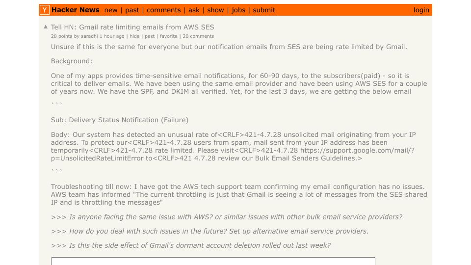 Screenshot of Hacker News post: Tell HN: Gmail rate limiting emails from AWS SES