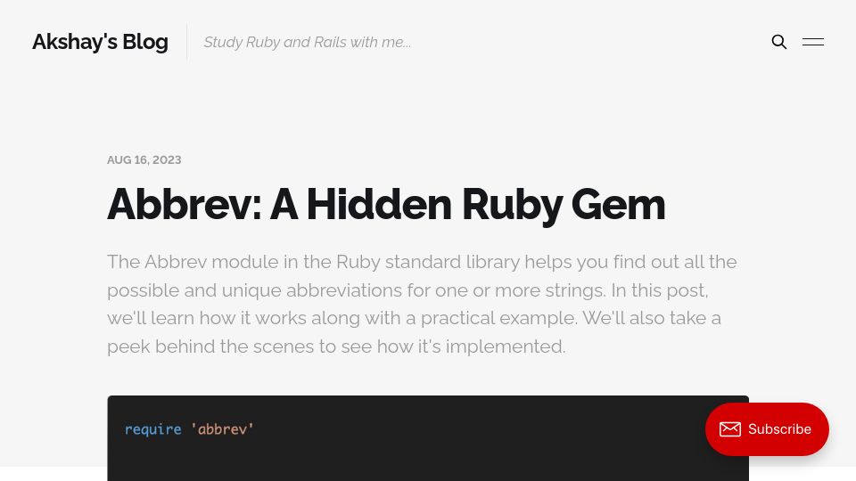 Screenshot of akshaykhot.com: Abbrev: A hidden Ruby gem