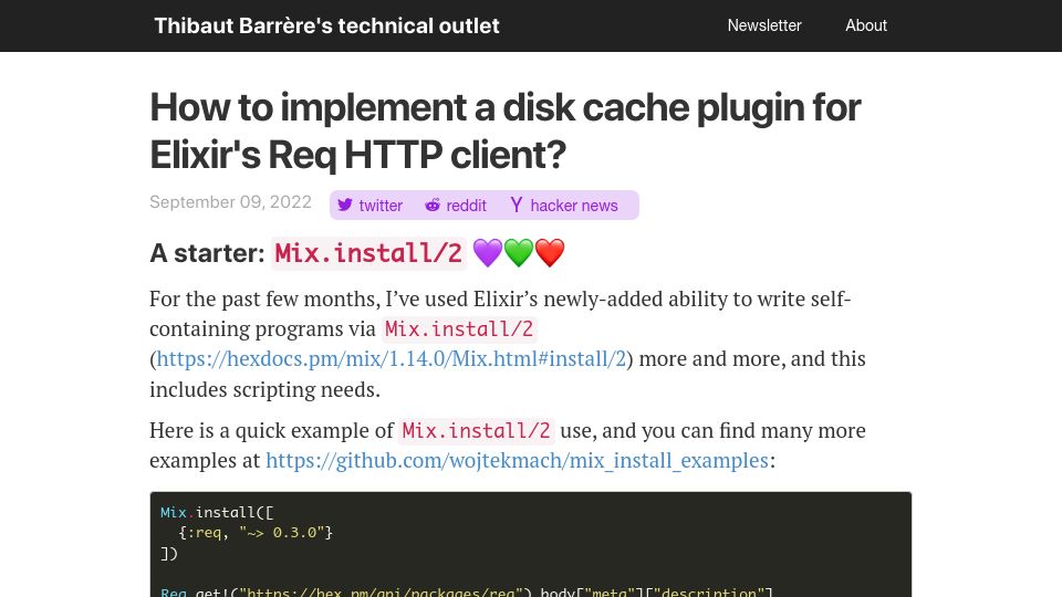 Screenshot of thibautbarrere.com: How to implement a disk cache plugin for Elixir's Req HTTP client?