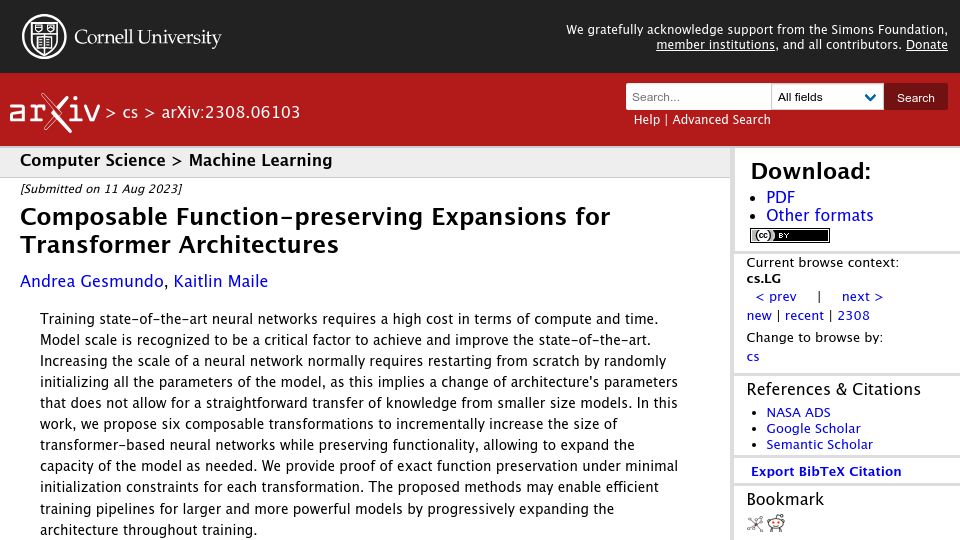 Screenshot of arxiv.org: Expanding Transformer size without losing function or starting from scratch