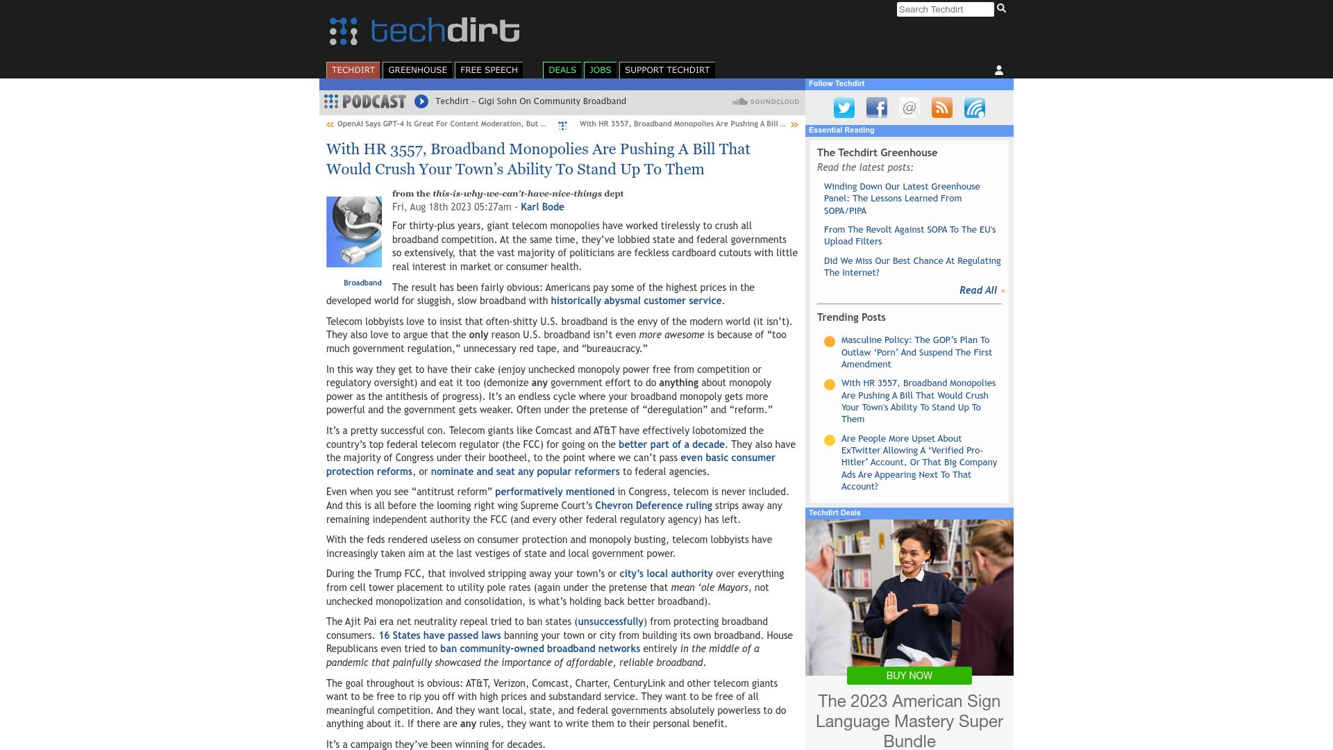 Screenshot of techdirt.com: Broadband monopolies push bill that would crush your ability to stand up to them