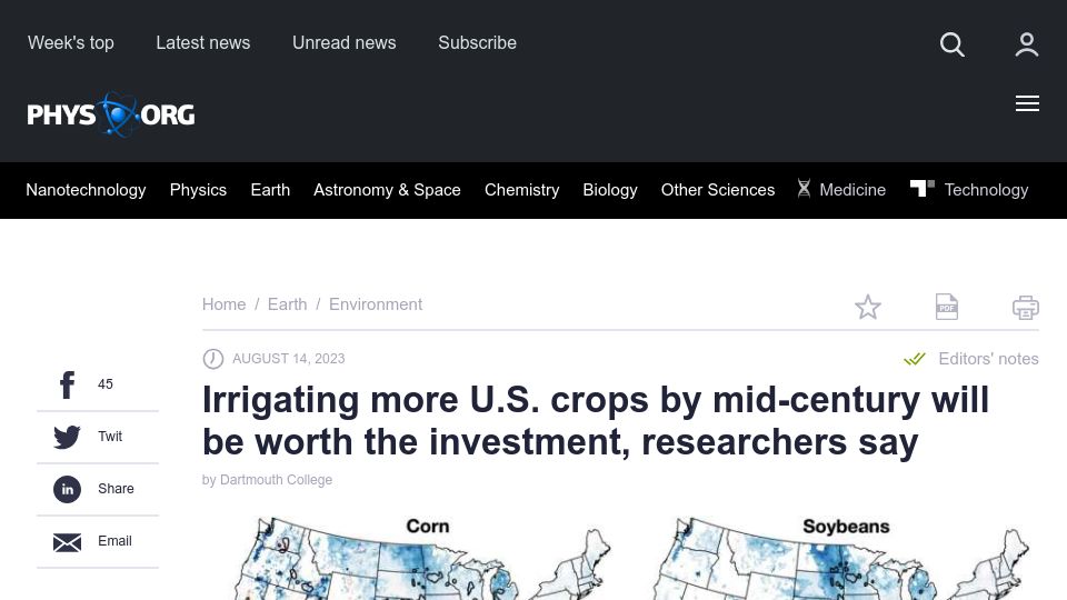 Screenshot of phys.org: Irrigating more U.S. crops by mid-century will be worth it, researchers say