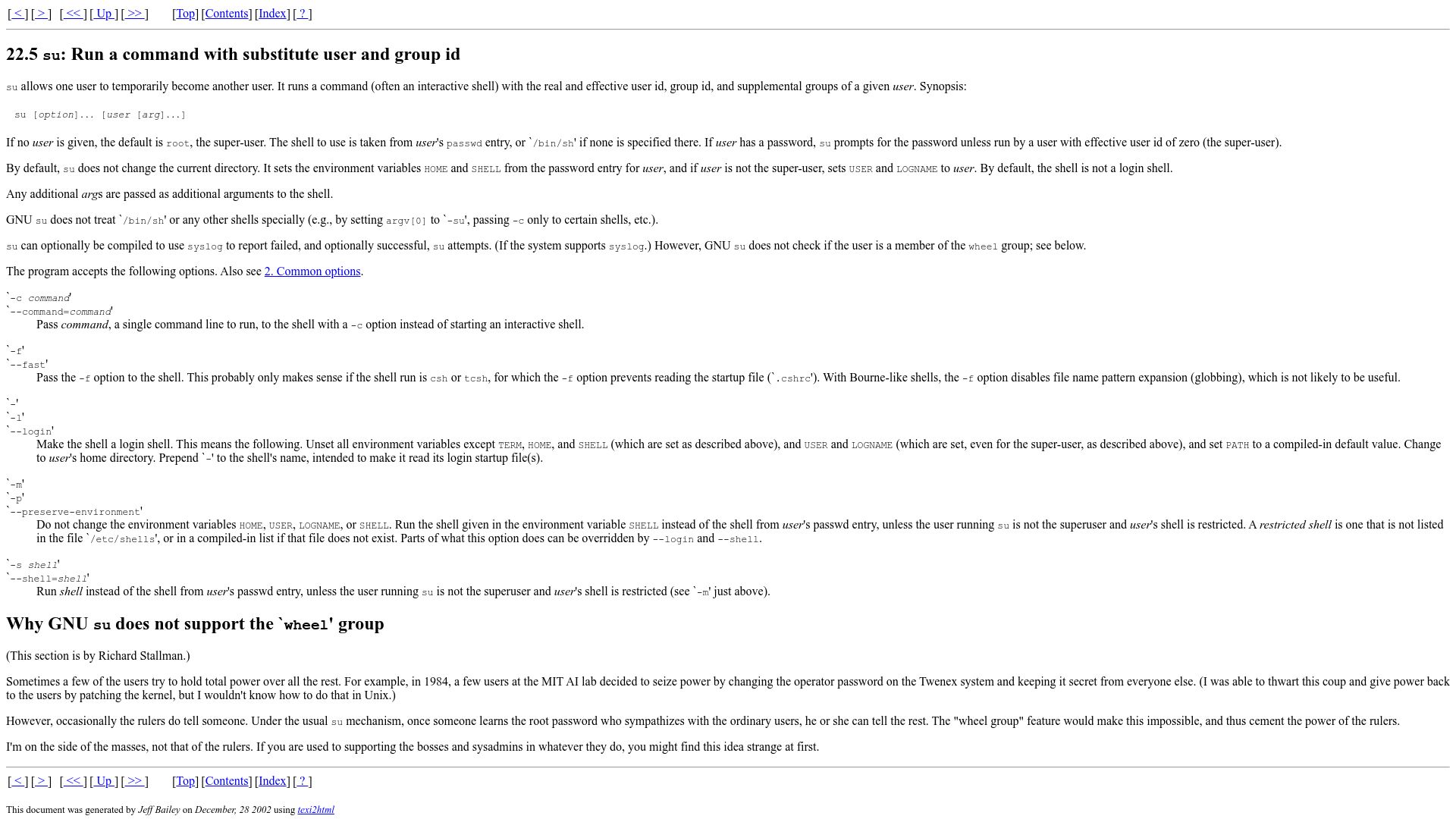 Screenshot of ftp.gnu.org: Why GNU su does not support the `wheel' group (2002)