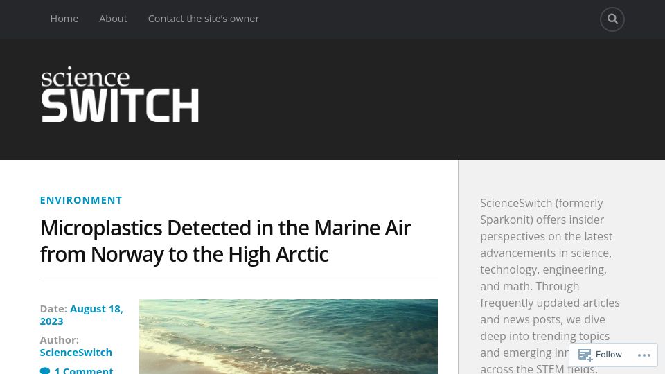 Screenshot of scienceswitch.com: Microplastics detected in the marine air from Norway to the high Arctic