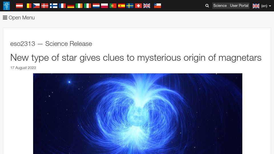 Screenshot of eso.org: New type of star gives clues to mysterious origin of magnetars