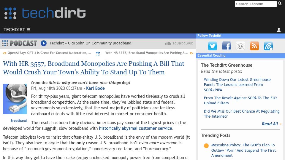 Screenshot of techdirt.com: Broadband monopolies push bill that would crush your ability to stand up to them