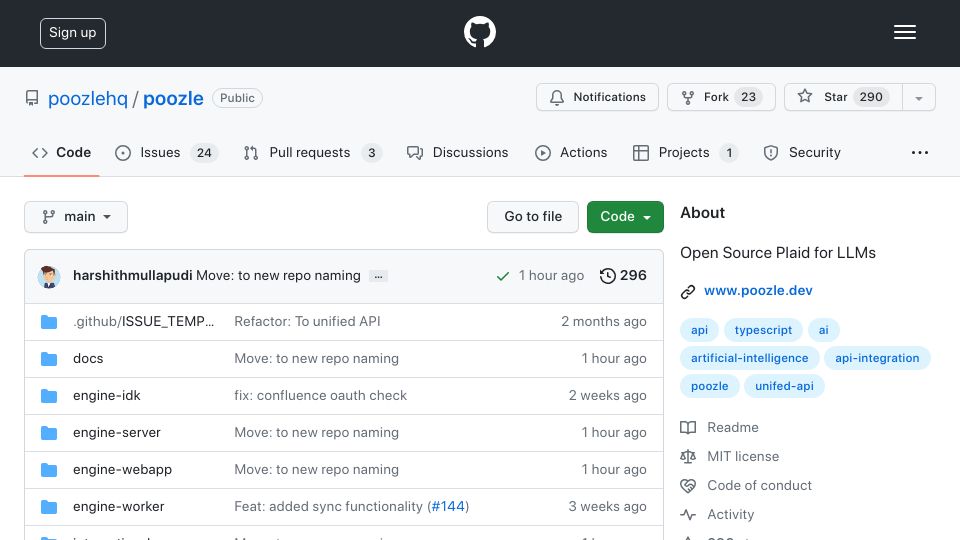 Screenshot of github.com: Show HN: Poozle – open-source Plaid for LLMs