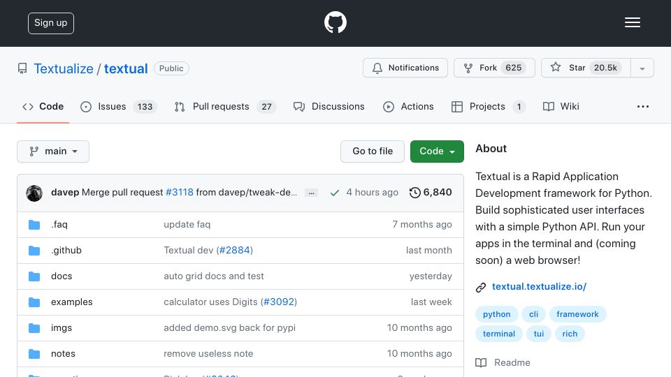 Screenshot of github.com: Textual: Rapid Application Development framework for Python
