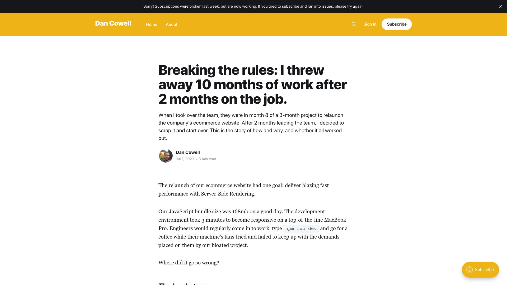 Screenshot of dancowell.com: Throwing away 10 months of work after 2 months on the job