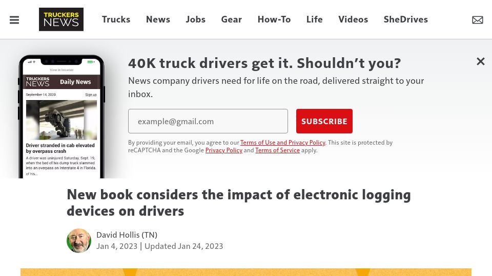 Screenshot of truckersnews.com: New book considers the impact of electronic logging devices on drivers