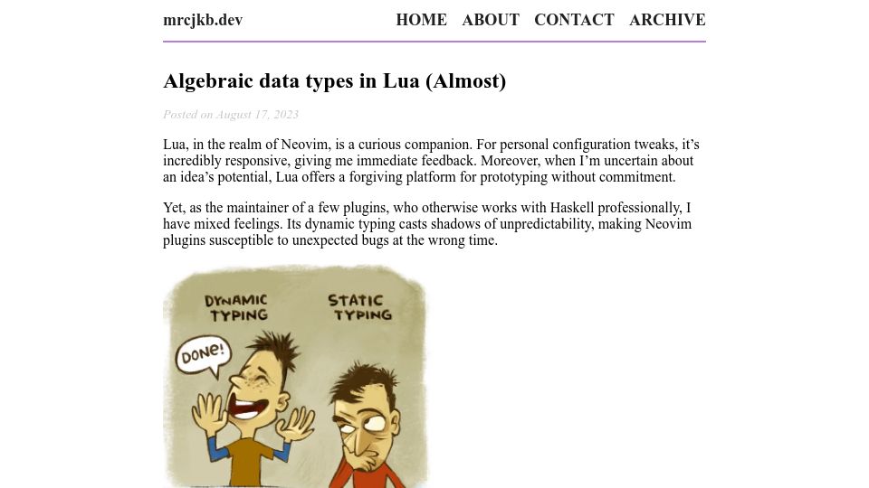 Screenshot of mrcjkb.dev: Algebraic data types in Lua (almost)