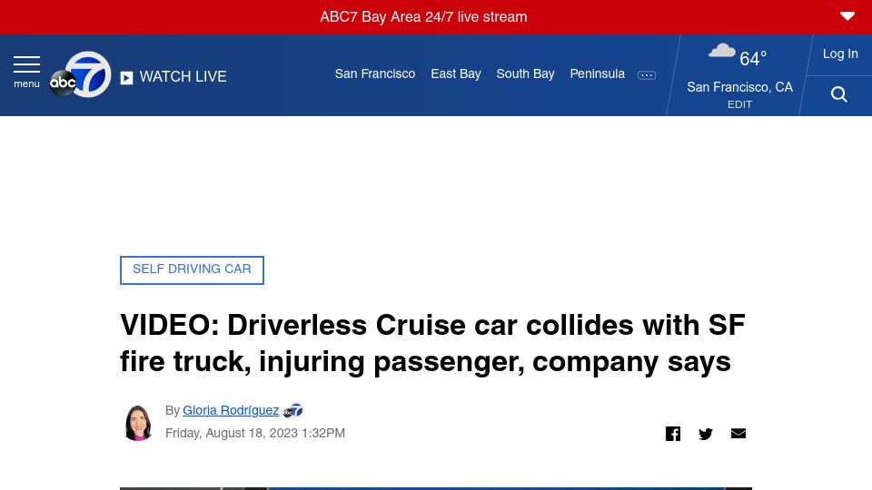 Screenshot of abc7news.com: Driverless Cruise car collides with SF fire truck, injuring passenger