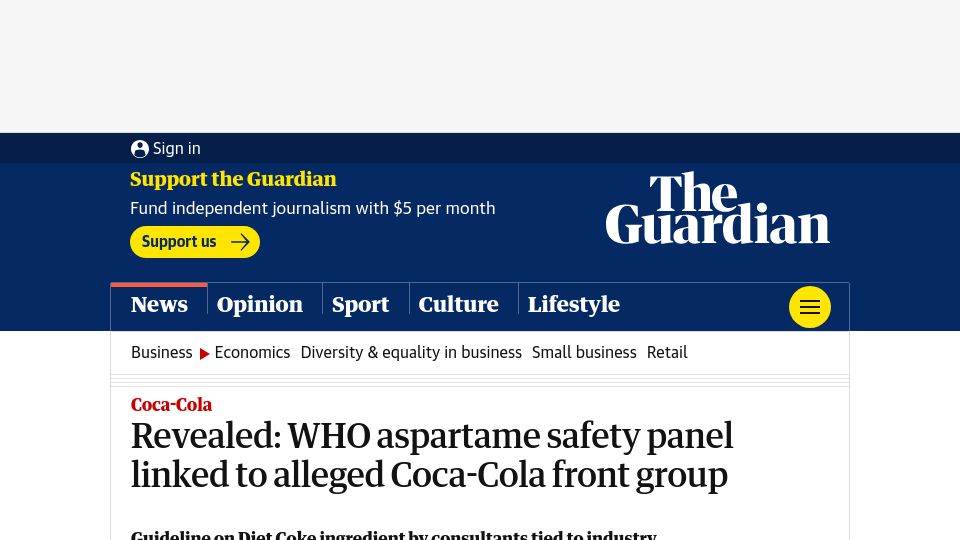 Screenshot of theguardian.com: Revealed: WHO aspartame safety panel linked to alleged Coca-Cola front group