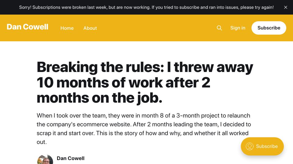 Screenshot of dancowell.com: Throwing away 10 months of work after 2 months on the job