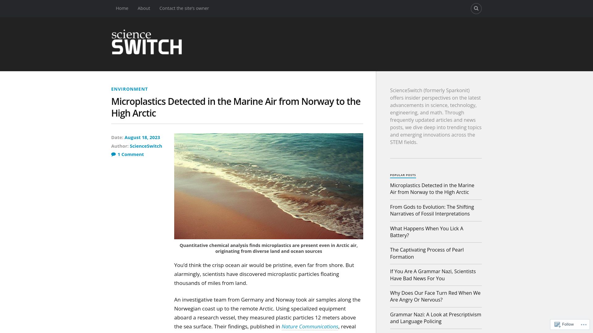 Screenshot of scienceswitch.com: Microplastics detected in the marine air from Norway to the high Arctic